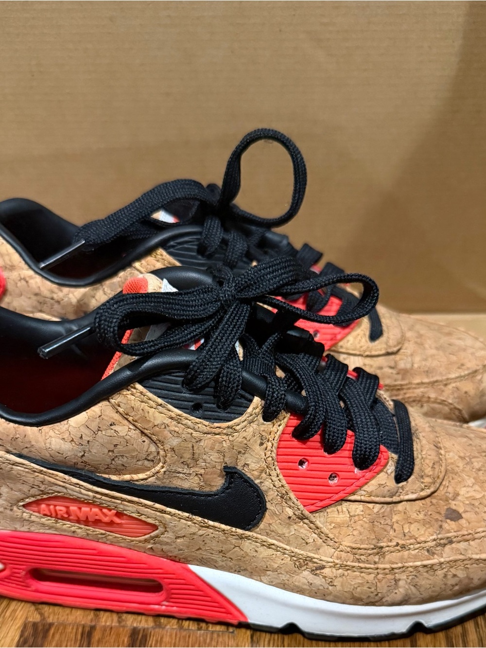 Nike Women’s Air Max 90 Sneakers - Cork Upper with Black & Neon Red/Orange